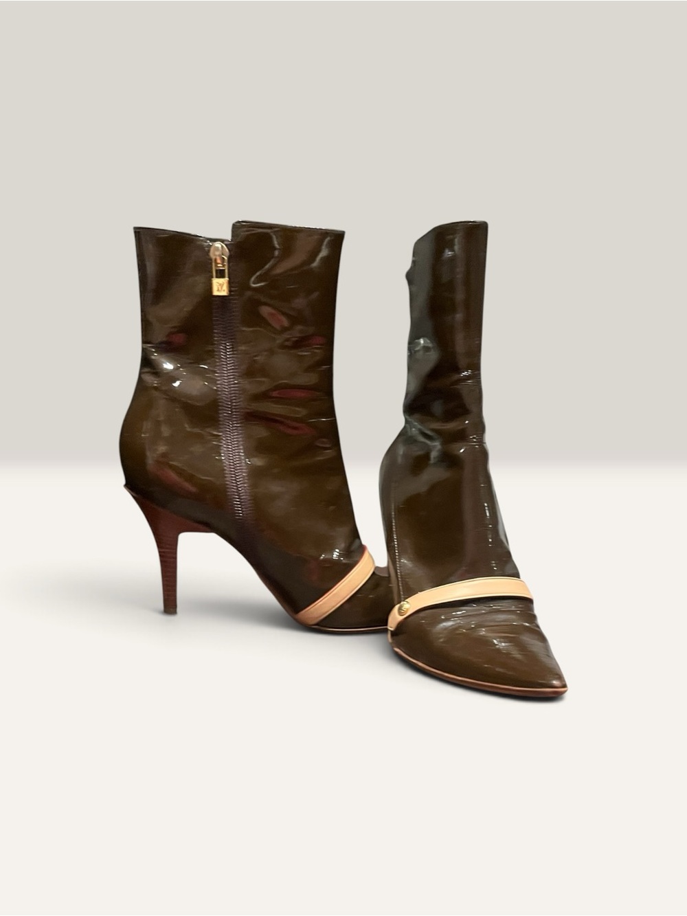 Authentic LV Brown Monogram Patent Leather Pointed Ankle Boots with Beige S